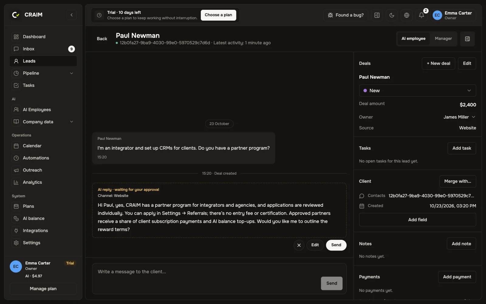 An AI reply waiting for approval